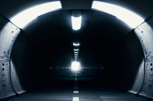 Foto de tunnel ondergrondse doorgang lang en ver weg met lichten zwart-wit stijl schiet scène