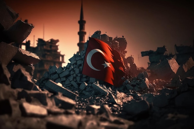 De Turkse vlag boven de staat na de aardbeving Ruïneert de ramp met de verwoestende tragedie