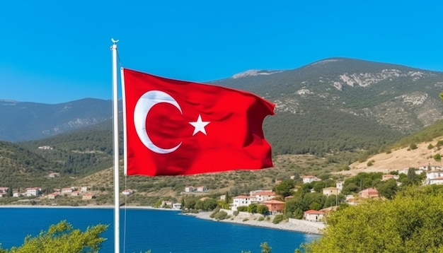 De Turkse vlag wappert majestueus boven het oude berglandschap, gegenereerd door AI