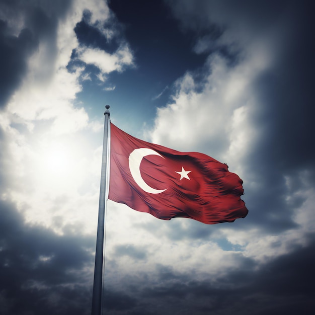 De Turkse vlag zwaait in de blauwe lucht