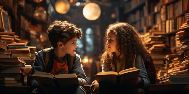 Foto de twee kinderen zitten voor de boekenplanken in een boekwinkel.