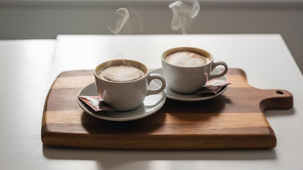 De twee kopjes koffie op een houten achtergrond.