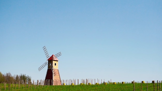 De typische rode windmolen die in de velden staat het landelijke landschap