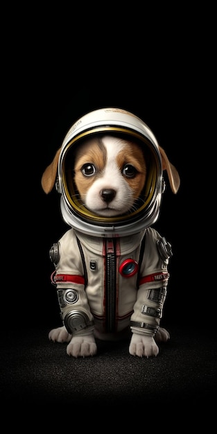 De uiterst kleine leuke en schattige hond van het astronautenpuppy op donkere achtergrond generatieve ai