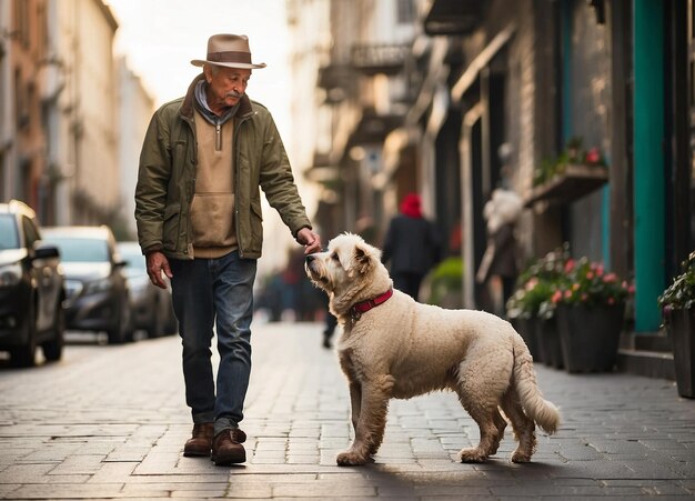 de unieke en hartverwarmende relaties tussen de mens en hun geliefde huisdier hond lopen op straat