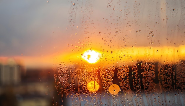 De vage textuur van de ondergaande zon in de stad door een raam met regendruppels