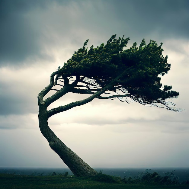 De veerkrachtige eenzame boom buigt zich in de wind