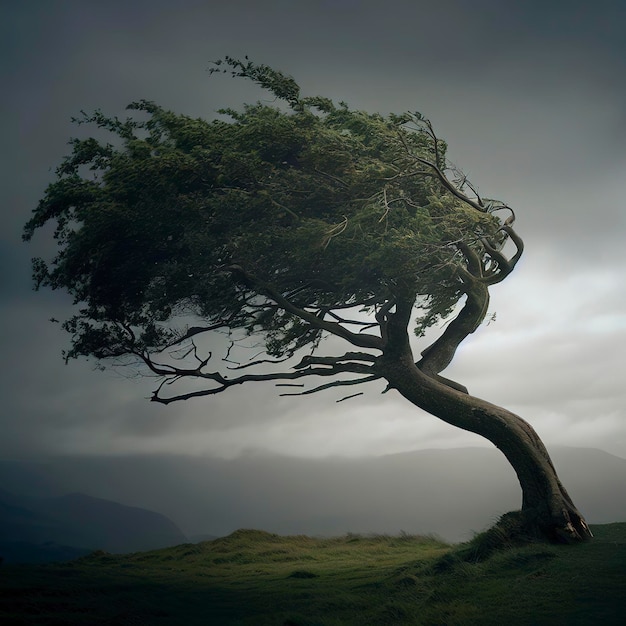 De veerkrachtige eenzame boom buigt zich in de wind