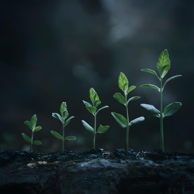 Foto de veerkrachtige groei van de natuur in zwak licht symboliseert vernieuwing, vitaliteit en natuurlijke schoonheid.