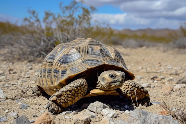 De veerkrachtige schildpad die door dorre landschappen reist, is getuige van de vasthoudendheid van de schildpad terwijl hij door dorre woestijnen en ruige terreinen reist