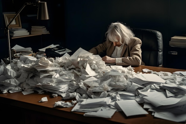 De vele verfrommelde papieren op het bureau van de gestreste mannelijke werkplek Neuraal netwerk AI gegenereerd