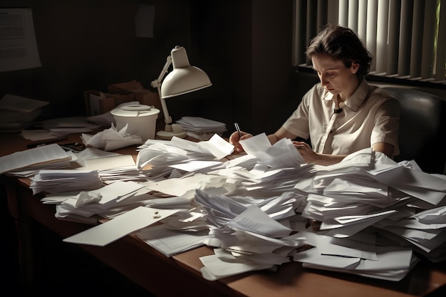 De vele verfrommelde papieren op het bureau van de gestreste mannelijke werkplek Neuraal netwerk AI gegenereerd