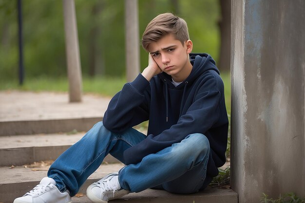 De verdrietige tiener zit