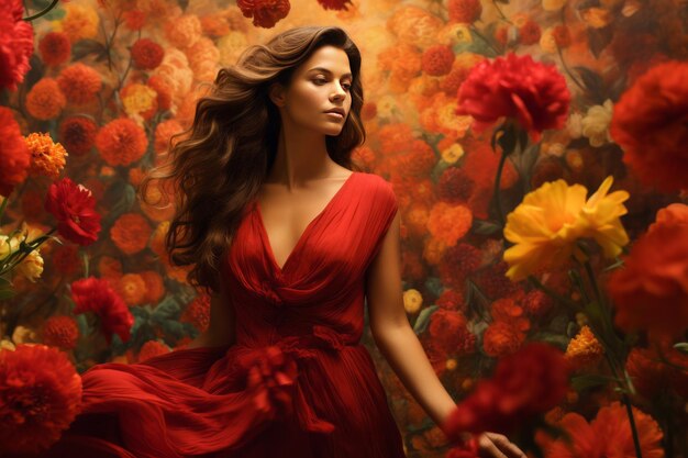 De verleidelijke vrouw in een scharlakenrode jurk te midden van een oproer van kleurrijke bloemen een artistiek 32 meesterwerk