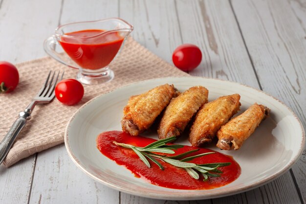 De vers gekookte close-up van buffelvleugels met tomatensaus en tomaten