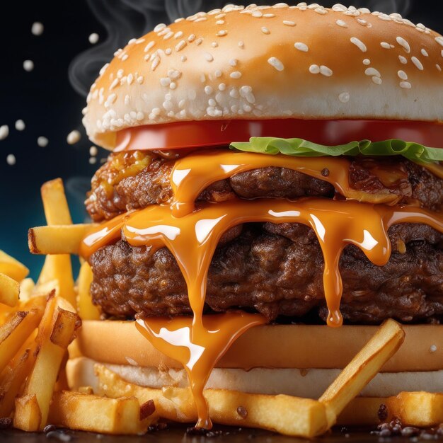 Foto de verse en heerlijke kaasachtige dubbele hamburger met friet op een tafel in het restaurant