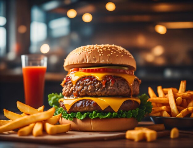 De verse en heerlijke kaashamburger met friet op een donkere zwarte achtergrond