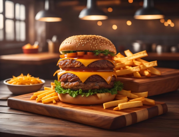 De verse en heerlijke kaashamburger met friet op een donkere zwarte achtergrond