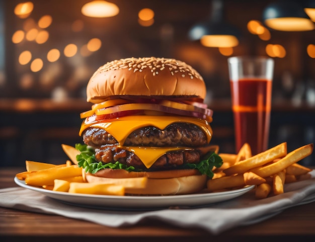 De verse en heerlijke kaashamburger met friet op een donkere zwarte achtergrond