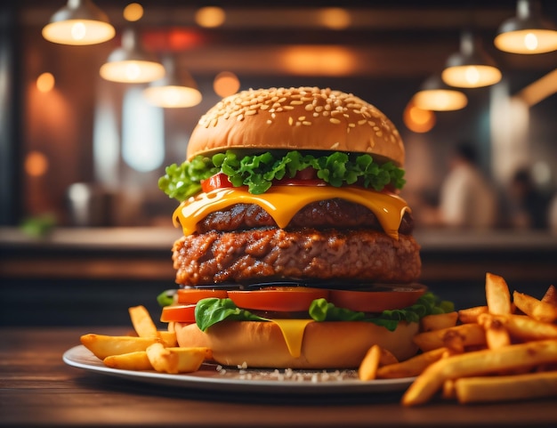 De verse en heerlijke kaashamburger met friet op een donkere zwarte achtergrond