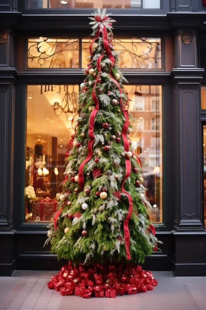 De versierde kerstboom staat trots voor de winkel en trekt voorbijgangers aan met zijn feestelijke charme