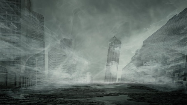 De verwoeste stad met dramatische wolken Eng Halloween-achtergrondconcept