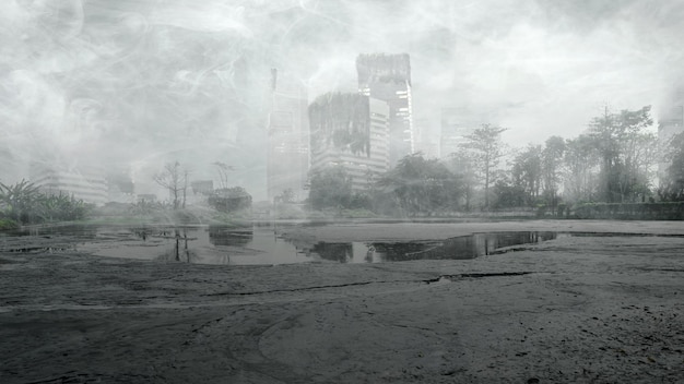 De verwoeste stad met dramatische wolken Eng Halloween-achtergrondconcept