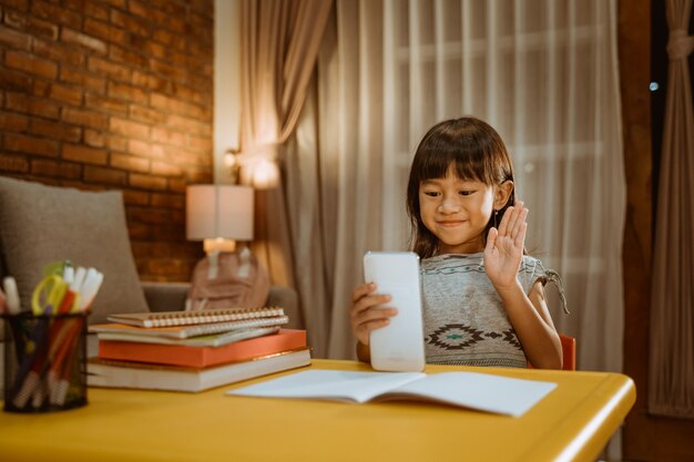 De videoconferenties van het meisje met haar schoolmaat en leraar