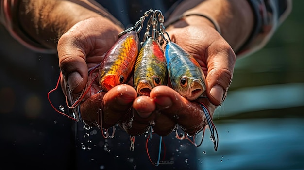 De vingers van een visser houden een betoverend en kleurrijk kunstaas stevig vast, klaar om te lokken in waterwonderen Gegenereerd door AI