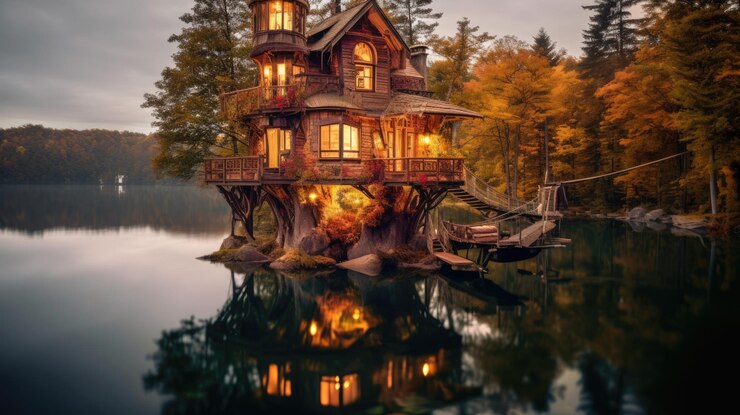 De vintage houten buitenkant van de boomhut aan het meer in Canada Generatieve AI-afbeelding AIG30