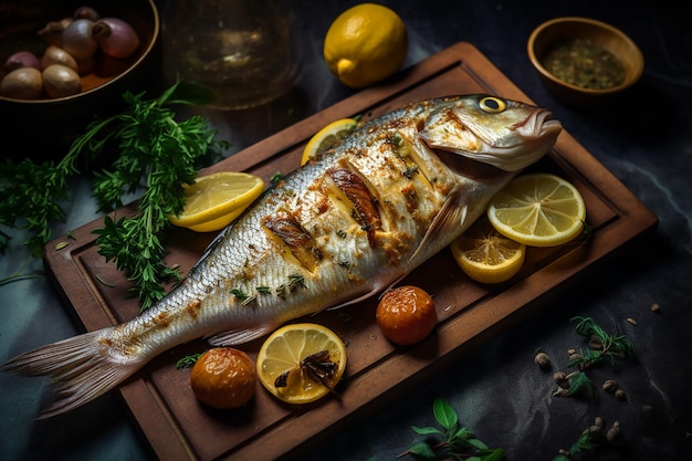 Foto de vis wordt op een houten snijplank geplaatst. de vis is vers gekookt met citroen.