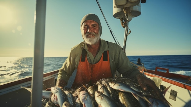 De visser vangt vis in de zee Hard werken Visnet boot zeevis