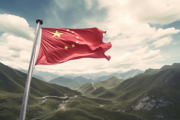 De vlag van China wappert in de berghemel