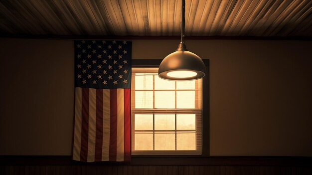 Foto de vlag van de onafhankelijkheidsdag van de vs hangt naast het raam.
