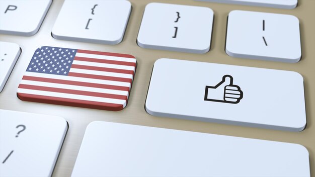 De vlag van de Verenigde Staten en de knop Ja of duim omhoog 3D-illustratie