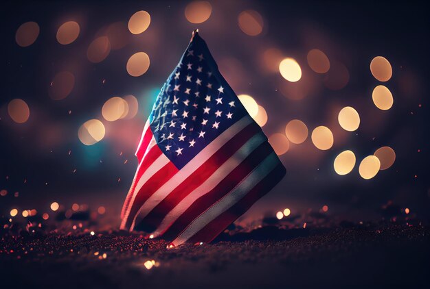 De vlag van de Verenigde Staten van Amerika met kleurrijke glanzende bokeh lichte achtergrond Natievlag in het donker met verlichtingslicht Nationaal dagconcept Generatieve AI