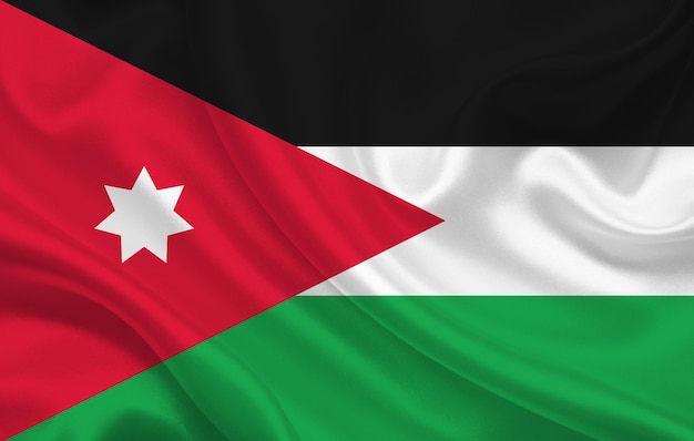 De vlag van het land van Jordanië op het golvende panorama als achtergrond van de zijdestof - illustratie