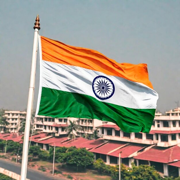 Foto de vlag van india zwaait in de wind met huizen op de achtergrond.