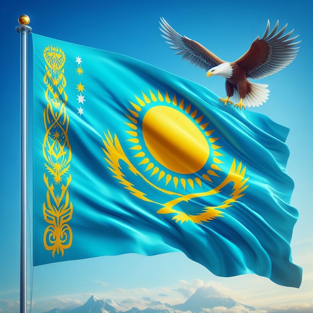 De vlag van Kazachstan op een betonnen muur.