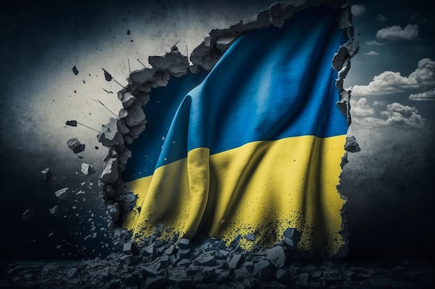 De vlag van Oekraïne wordt gezien door een gat in de muur Generatieve AI