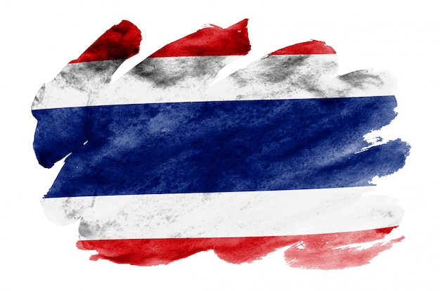 De vlag van Thailand wordt afgebeeld in vloeibare aquarelstijl geïsoleerd op wit