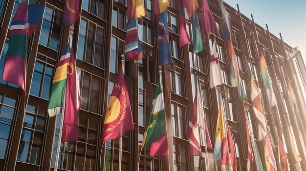 De vlaggen van de landen van Scandinavië zwaaien op de hotelbouw in Helsinki van een generatieve AI