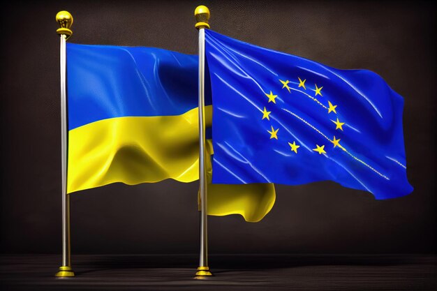 De vlaggen van Oekraïne en de Europese Unie wapperen naast elkaar op een donkere achtergrond Symbool van samenwerking tussen het Gemenebest wederzijdse bijstand integratie van Oekraïne in de EU Generatieve AI