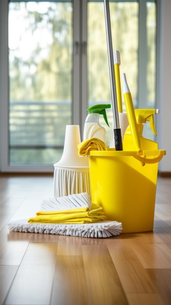 Foto de vloer schoonmaken met een dweil in een moderne woonkamer