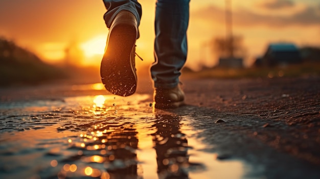 De voet van een persoon die bij zonsondergang loopt, symboliseert positief denken