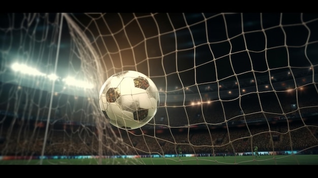 De voetbalbal raakte het netsucces-doelconcept Illustratie AI GenerativexA