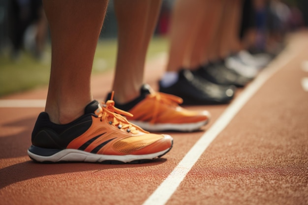 De voeten van een man in sportschoenen die aan de startlijn staan van een race die de concurrentie vertegenwoordigt