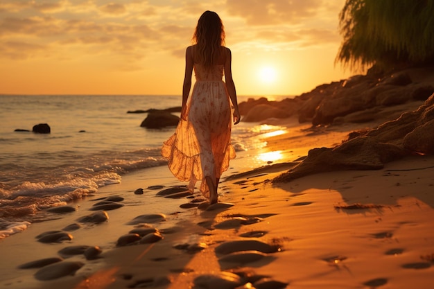 De voeten van een vrouw aan het strand laten afdrukken achter op het gekuste zand bij zonsopgang