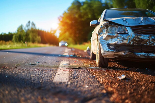 De voorkant van de zilveren auto was beschadigd na een ongeluk op landelijke wegen met helder zonlicht.