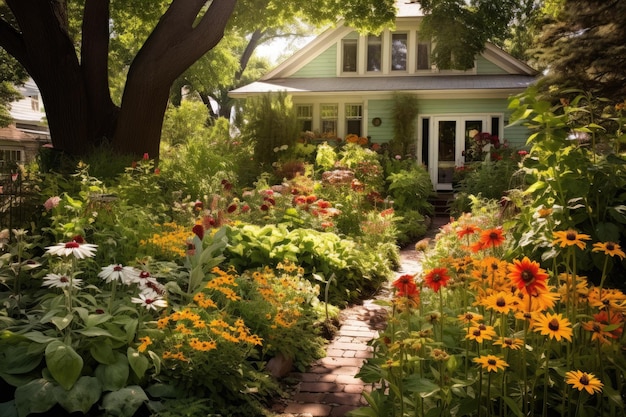 de voorkant van het huis is groen geschilderd en heeft een pad dat naar een tuin leidt.